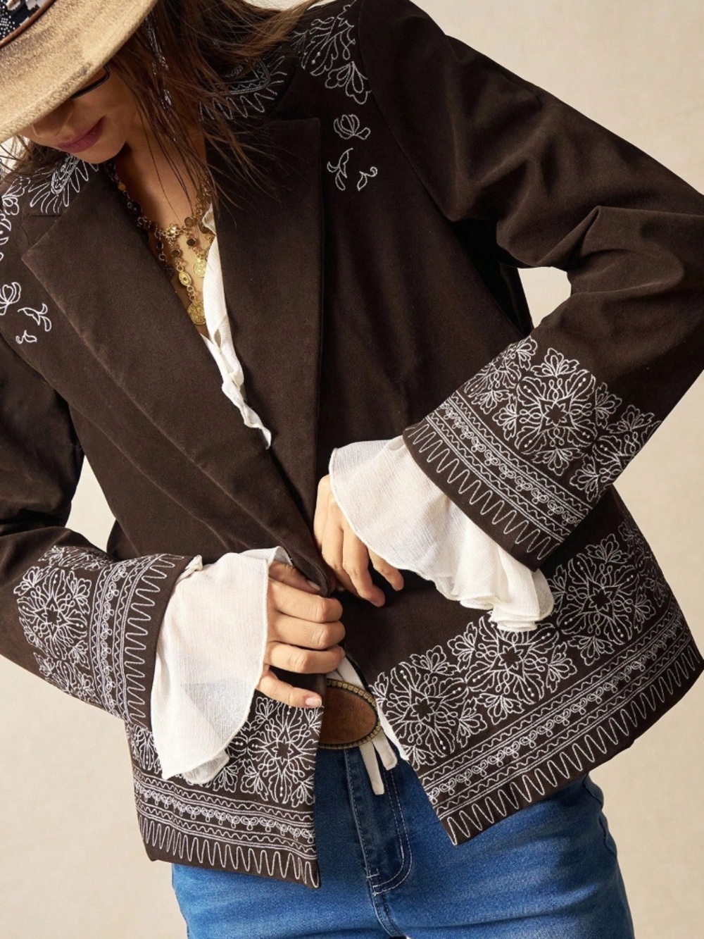 Classic Mocha Brown Embroidered button Blazer Jacket
